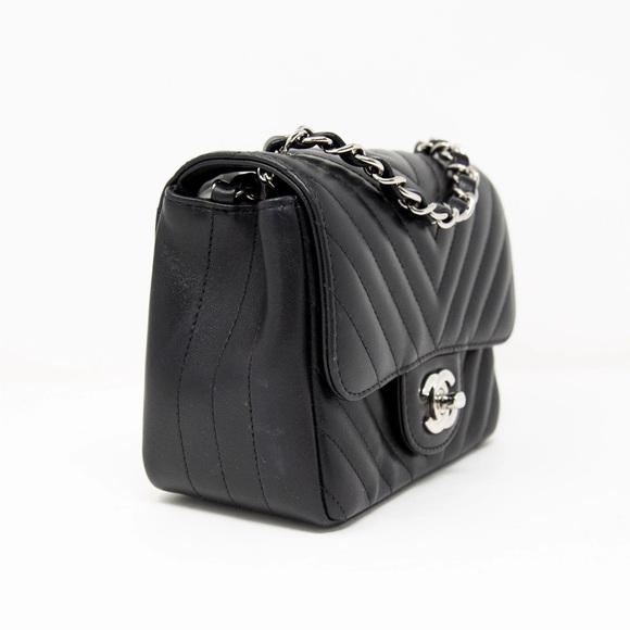 Chanel Lambskin Chevron Square Mini Flap Bag Black SHW - Picture 2 of 15